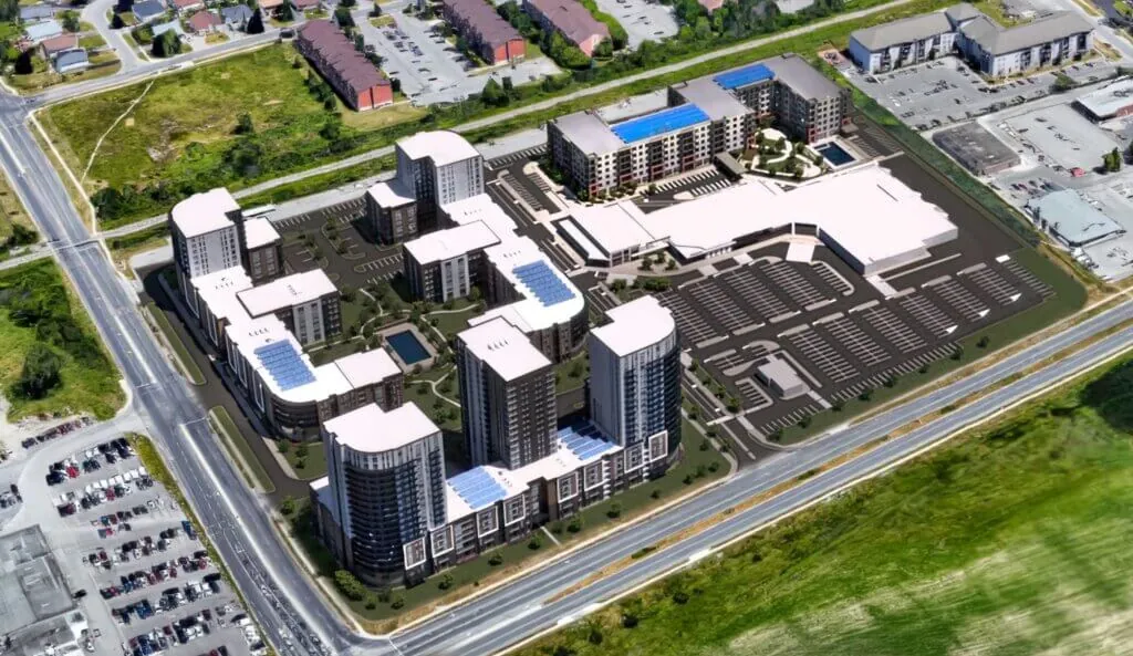 Aerial rendering of the Sante Apartments residential redevelopment in Kingston